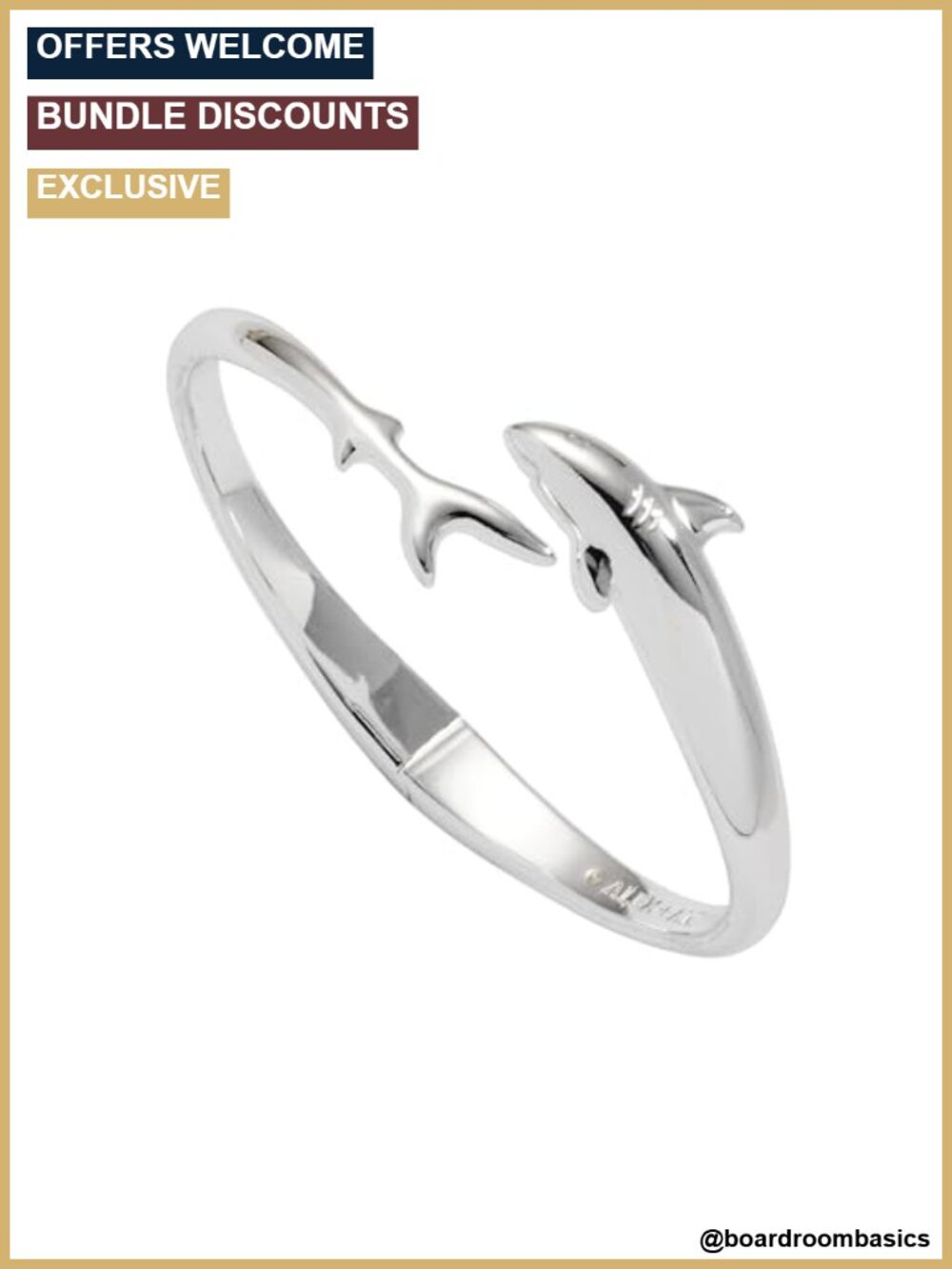 Shark Bypass Cuff Bracelet Shiny Silver Polished Nautical Summer Jewelry